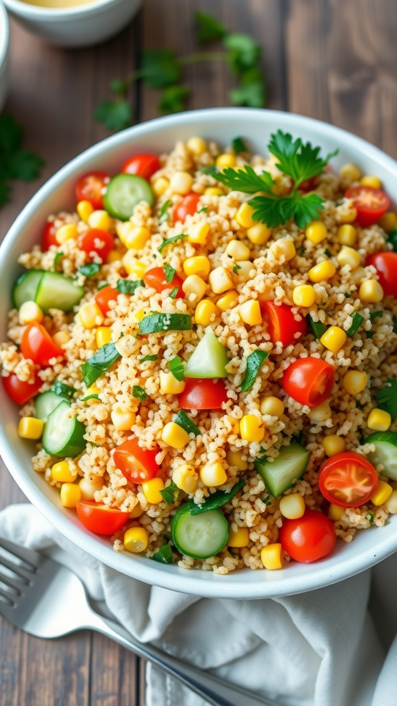 A vibrant quinoa salad with vegetables in a bowl, showcasing the freshness of cucumbers, bell peppers, and tomatoes.